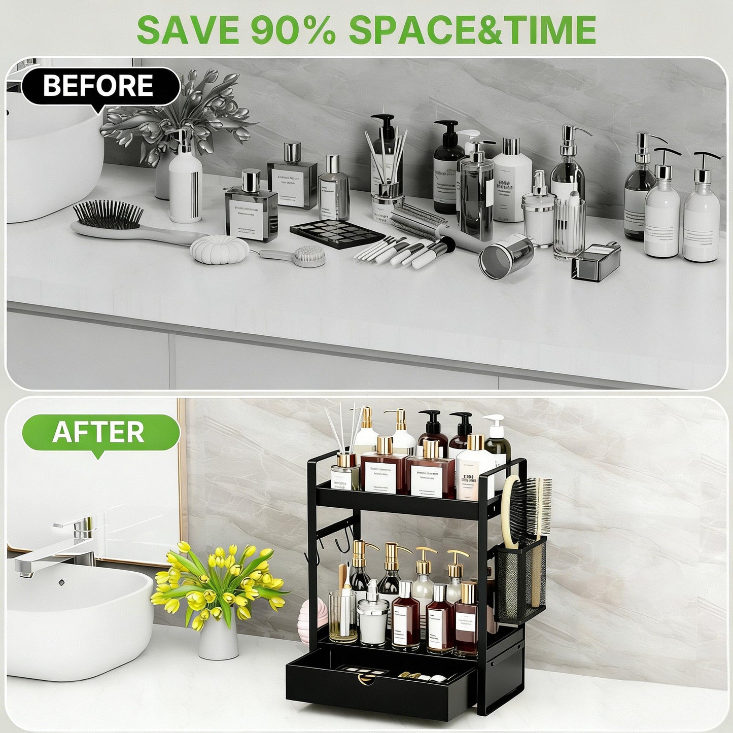 2-Tier Bathroom Counter Organizer with Drawer Basket and Hooks, Wood Bathroom Organizers and Storage for countertop, Farmhouse Black Countertop Organizer, Counter Shelf for Vanity, Kitchen, Office
