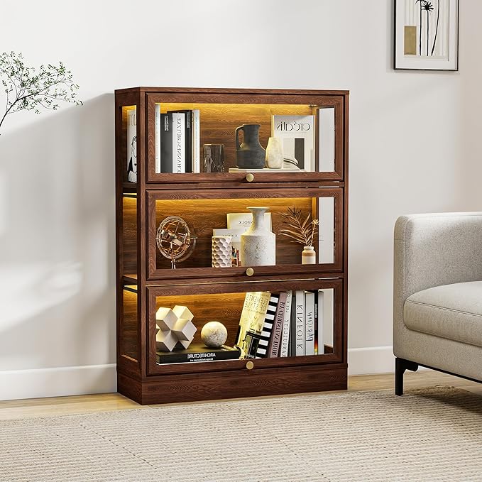 Display Cabinet with Acrylic Glass Doors, 3-Tiers Curio Cabinet with LED