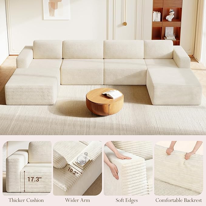 Vesgantti 159" Large Modular Sectional Sofa, U-Shaped Corduroy Cloud Couch