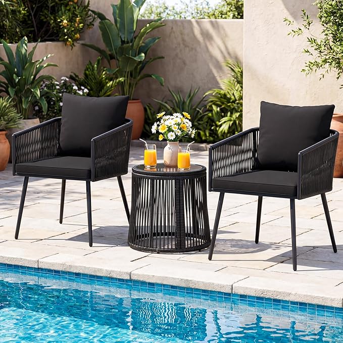 Tangkula 3 Pieces Patio Rattan Bistro Conversation Set, Outdoor All-Weather