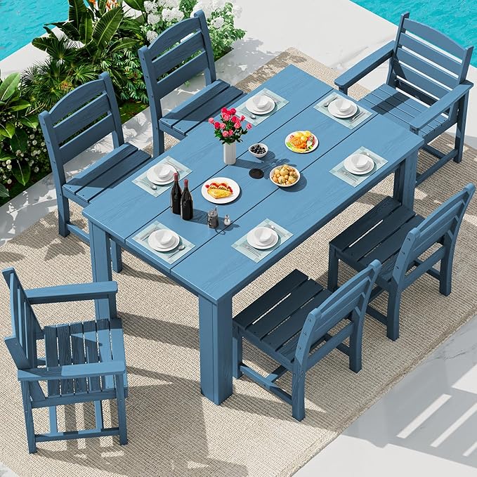 SERWALL HDPE Dining Set for 6: 1 Umbrella Hole Table, 4 Armless + 2 Armchairs.