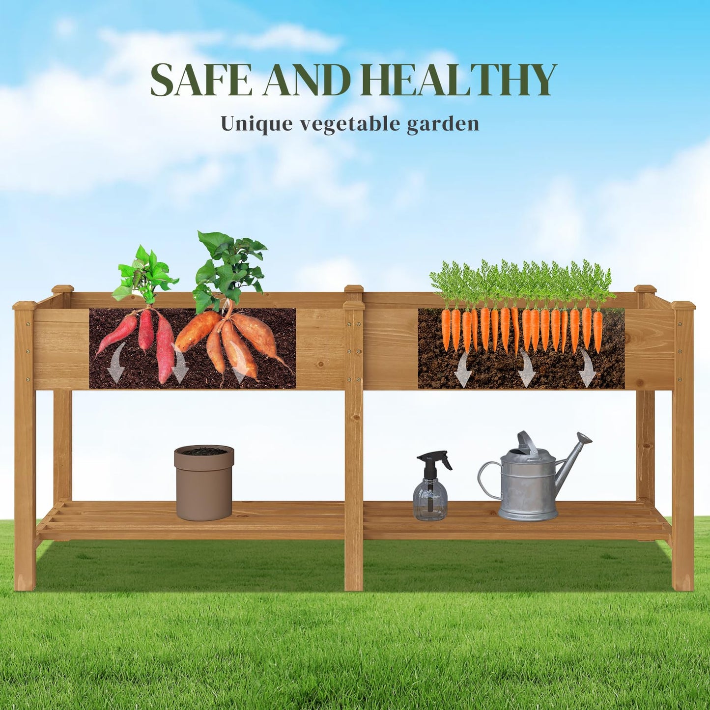 PULIJIAJU Wooden Raised Garden Bed, Planter Box with Legs, Garden Planter with Divider Bag for Backyard, Patio, Balcony, Planter Stand Box for Herbs and Vegetables (Brown-L)