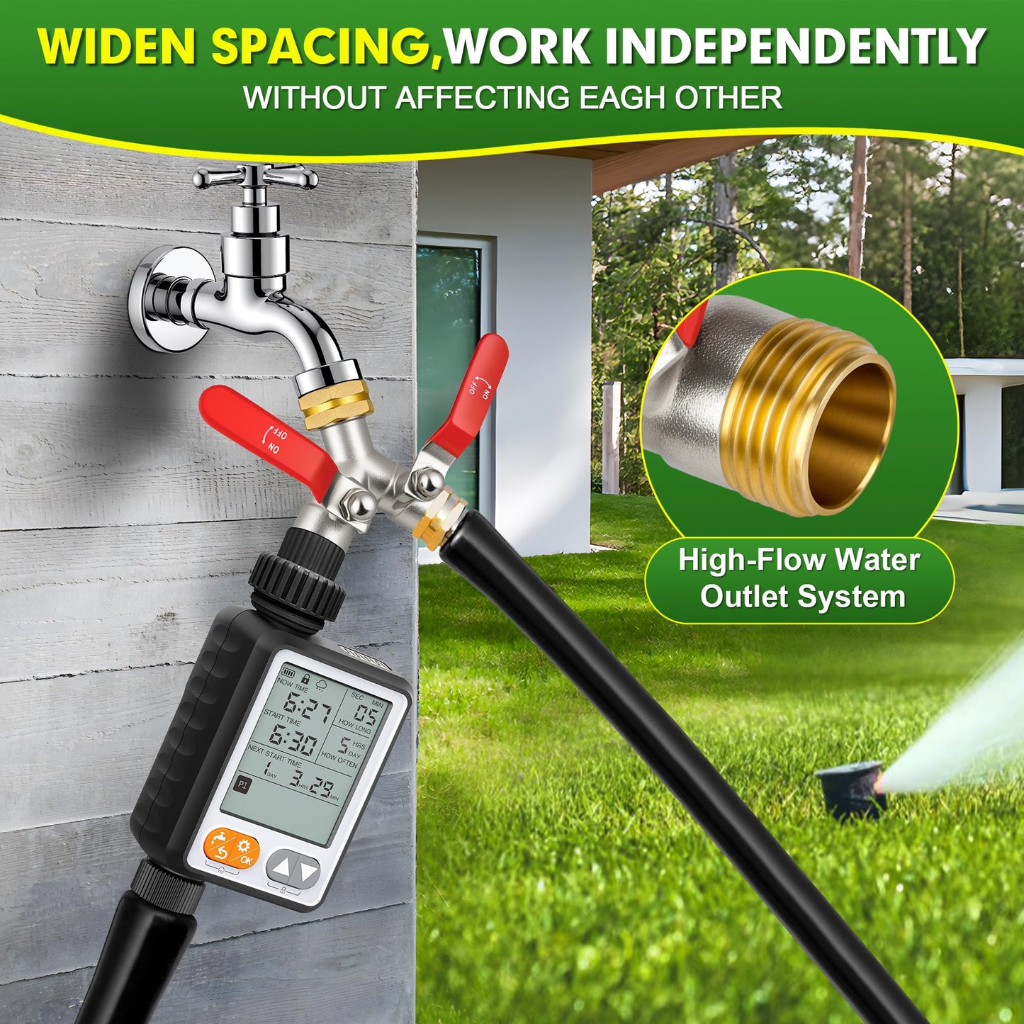 DINGBAI Hose Splitter 2 Way, High Flow Garden Hose Splitter, 3/4” Ght Inlet Brass Heavy Duty Hose Converter, Full Flow water 2 Way Faucet hose splitter, Long Handle Hose Valve Large Outlet.