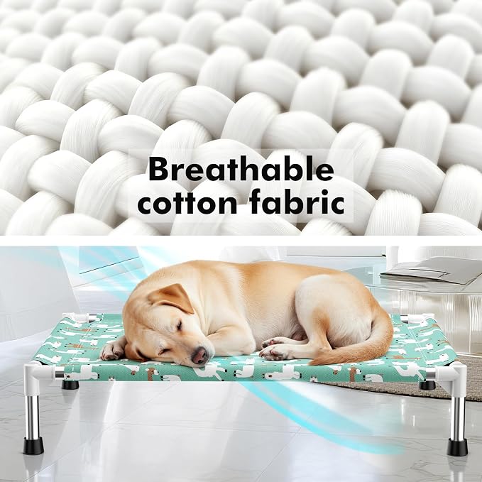 Cute Alpaca Print Elevated Dog Bed - Portable Cooling Pet Cot for Medium Dogs - Breathable Thickened Fabric Hammock, Crate Compatible, Indoor & Outdoor Use