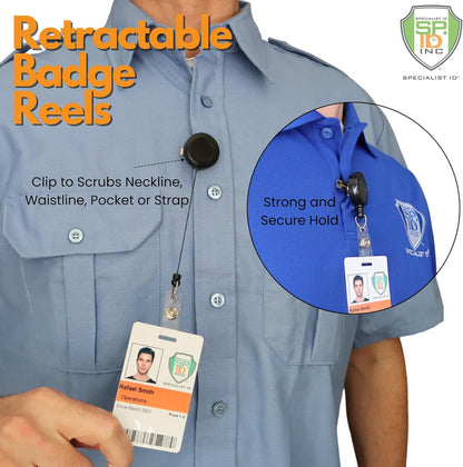 Bulk 100 Pack - Bulk Premium Black Retractable Name Badge Reels with Alligator Swivel Clip & Vinyl Card Holder Strap by Specialist ID