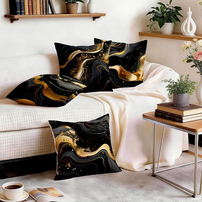 OBSEDE Abstract Black Gold Marble Decorative Throw Pillow Covers 18 × 18 in
