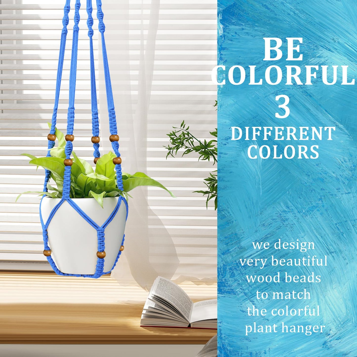MENG ZHI AO 3 Pcs 35 Inch Macrame Plant Hanger Flower Pot Hanging Plant Holder No Tassels Decorative Hanging Planter Basket with Wood Beads for Indoor Outdoor Home Decor (Blue)
