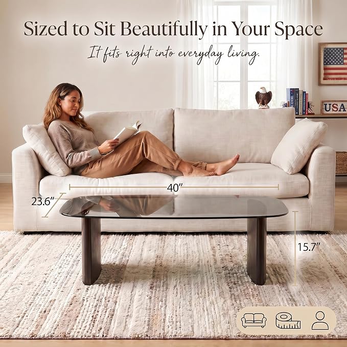 Modern Glass Coffee Table, Coffee Table for Living Room,Tempered Glass-top with Sturdy Wooden Base, Modern Coffee Tables for Small Space, Apartment, Office, Minimalist Design (Walnut)