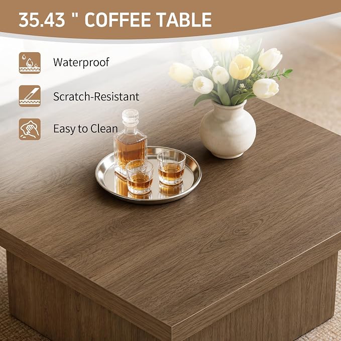 Square Coffee Table,Wooden Living Room Table,Center Table with a Large Tabletop,35.4" x 35.4",for Small Spaces, Apartments, Living Rooms, Vintage Brown