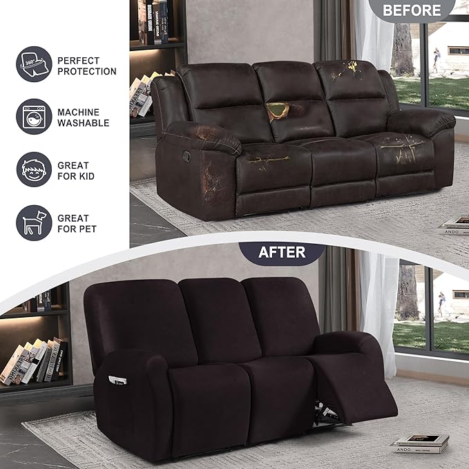 ANARACHON Leather Look Recliner Couch Cover, 8-Pieces Stretch Recliner Sofa