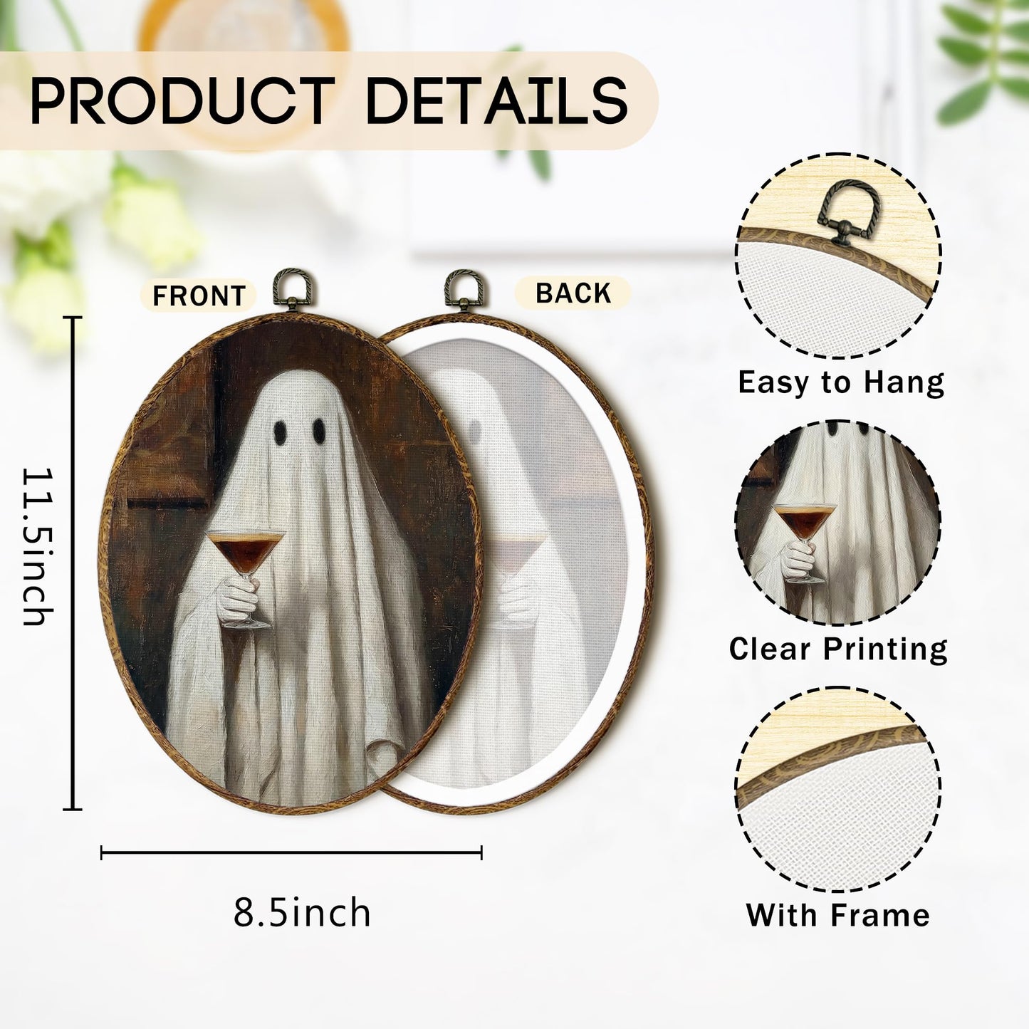 OINDADE Halloween Ghost Espresso Martini Oval Wall Art Decor, Fall Spooky Ghost Bar Wall Art Hanging Decor, Halloween Fall Cocktail Framed Canvas Artwork for Home Bar Kitchen Living Room, 8.8x11.5in