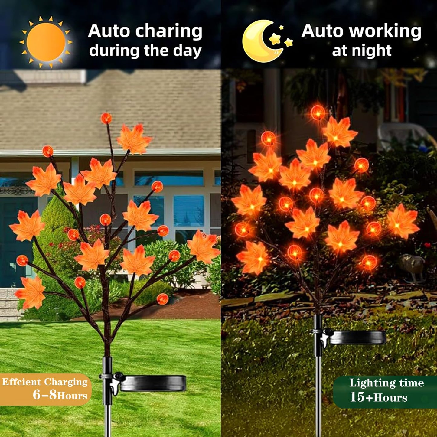2 Pack 40LED Solar Outdoor Maple Leaf Lights for Fall Decor-3D Maple Pumpkin Thanksgiving Lights with 2 Modes | Waterproof Solar Garden Lights for Yard, Pathway, Halloween, Christmas Decorations