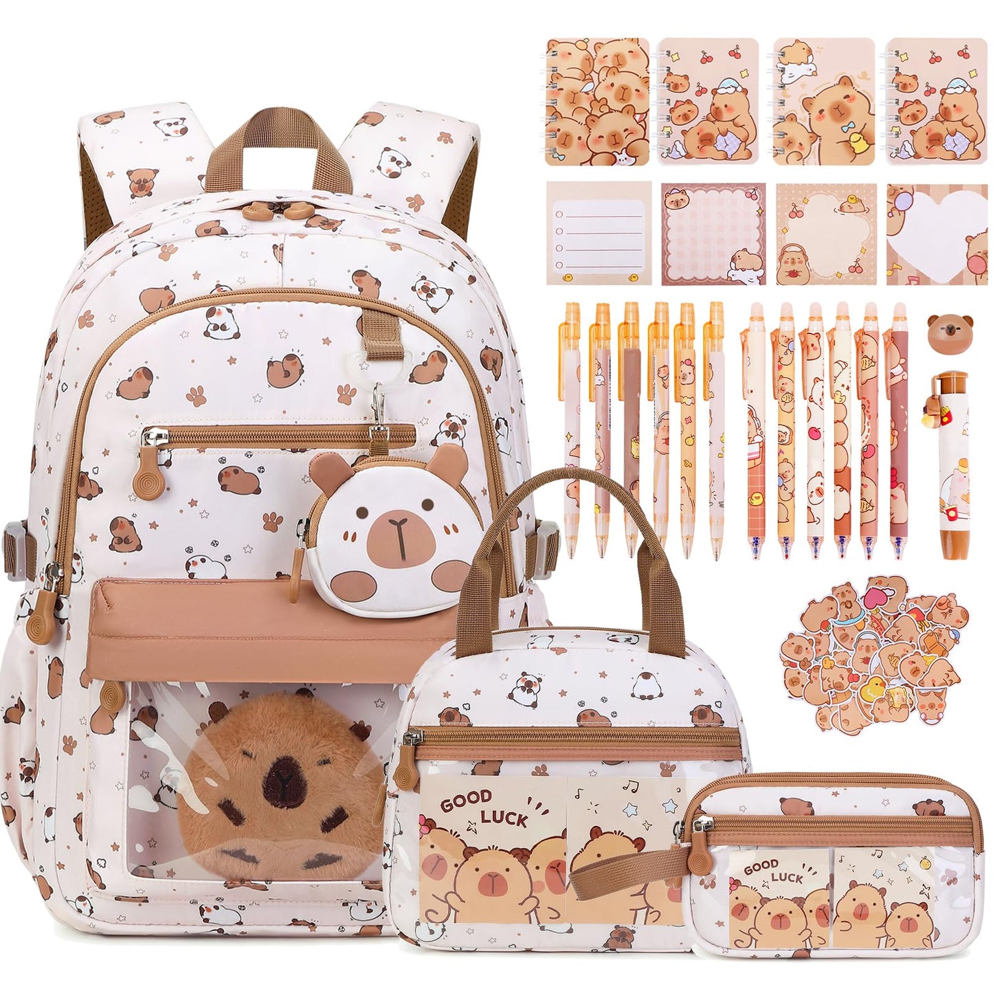 Similove Capybara Theme Backpack for School Girls, 35PCS Kids Backpack Set with School Supplies Stationery Kit Lunch Box Pencil Case, Cute Girls Bookbag for Kindergarten Elementary Student