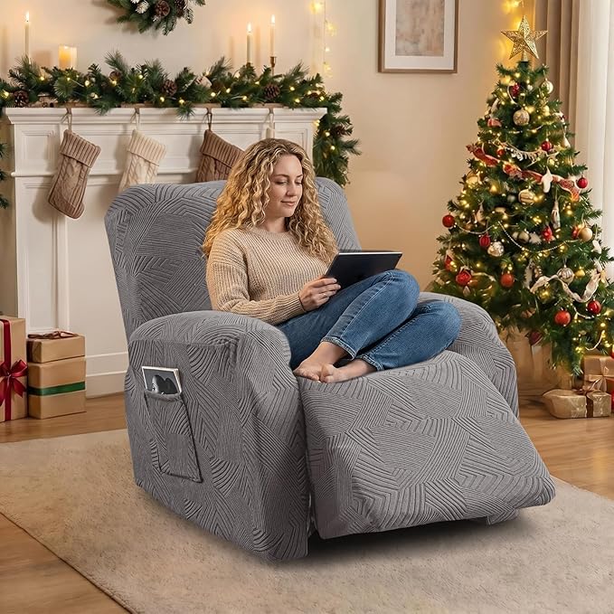 Oversized Recliner Chair Covers, 4-Piece Stretch Geometric Strokes Jacquard