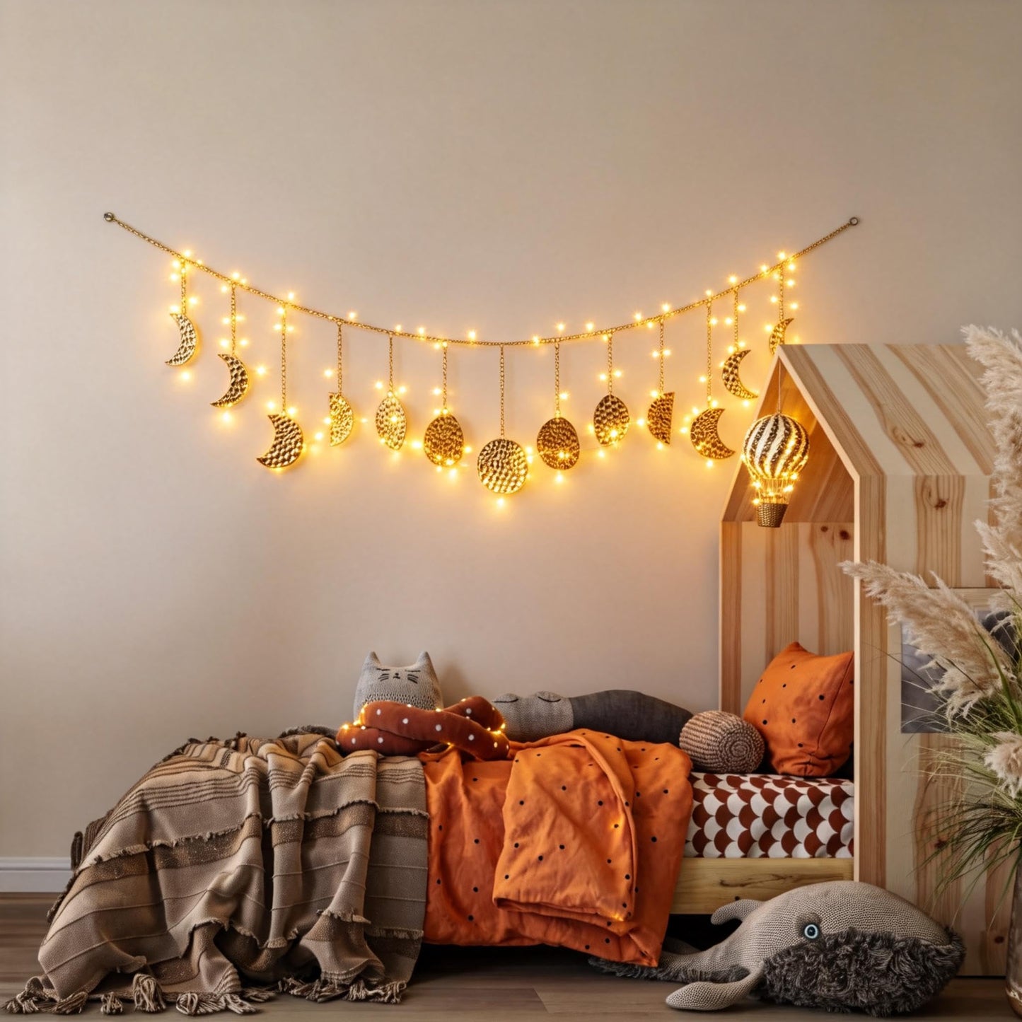 Opulinea Boho Moon Phase Wall Hanging, Gold Hammered Metal LED Celestial Garland for Bedroom Witchy Home Christmas Decor