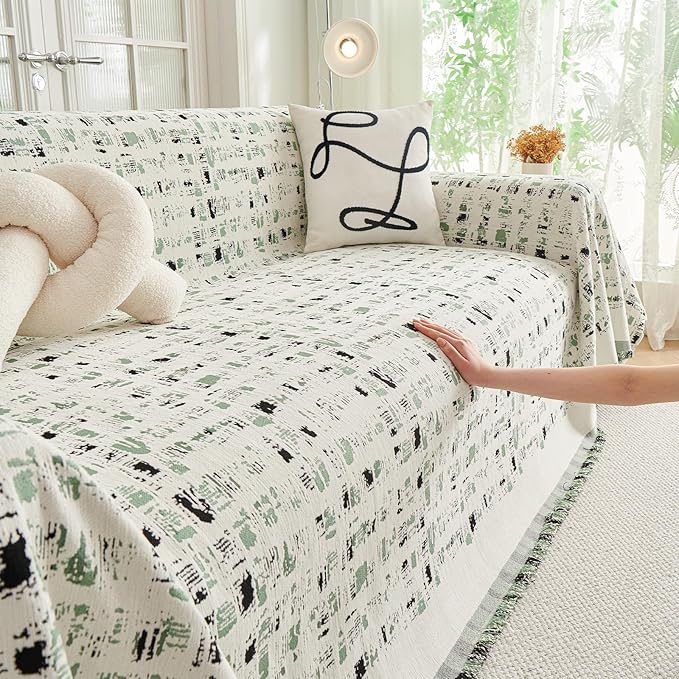 DREAMINGO Abstract Chenille Couch Cover Blanket Beige Green Black Boho Sofa