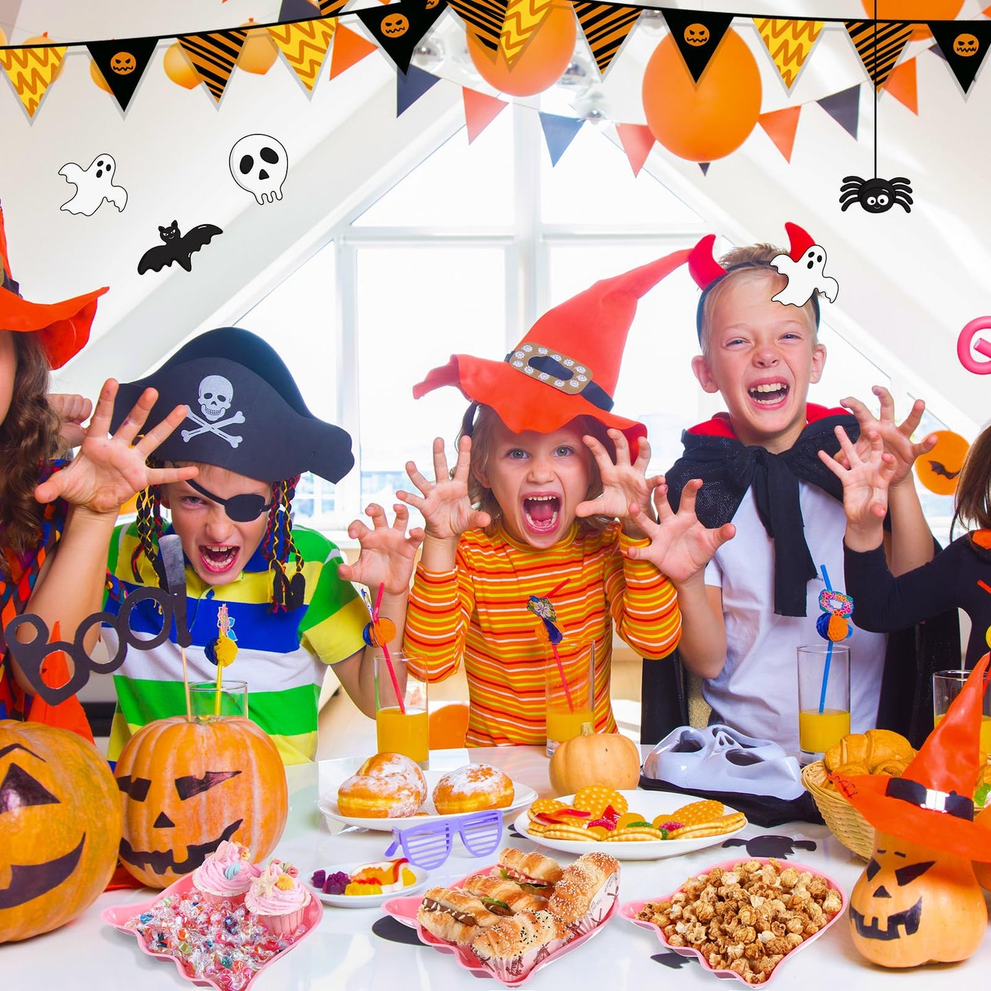 Sawysine 24 Pieces Halloween Party Serving Trays, Plastic Orange Pumpkin Black Cat White Ghost Plates Halloween Party Tableware Supplies for Holiday Decorations(Pink,Ghost)