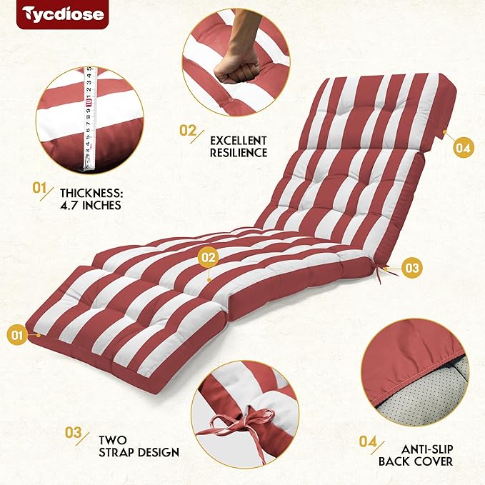 Outdoor Chaise Lounge Chair Cushion Set of 4, Waterproof 74.4 x 22 x 4.7 Inches