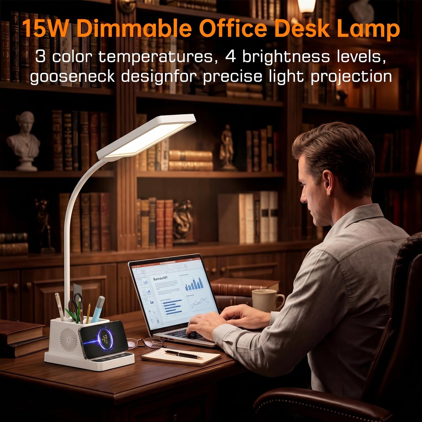 cozoo Desk Lamp, LED Desk Lamps for Home Office with 15W Wireless Charger/Organizer,Desk Lamp for College Dorm Eye-Caring Study Light,Gooseneck Table Lamp with Pen Holders/Storage,12 Lighting Modes