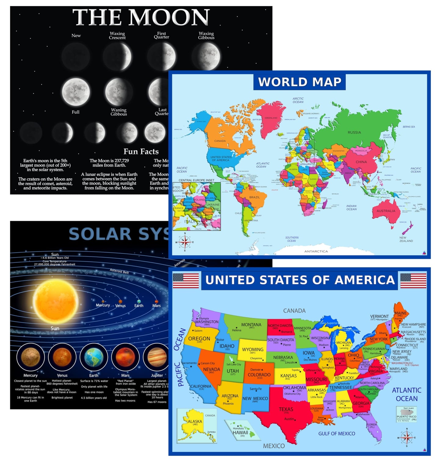 World Map, United States Map, Solar System, and Moon Phases Posters – Laminated 14x19.5 in – Educational Posters, Classroom Decorations, Teachers Supplies, Virtual Learning for Kids, Homeschool Decor