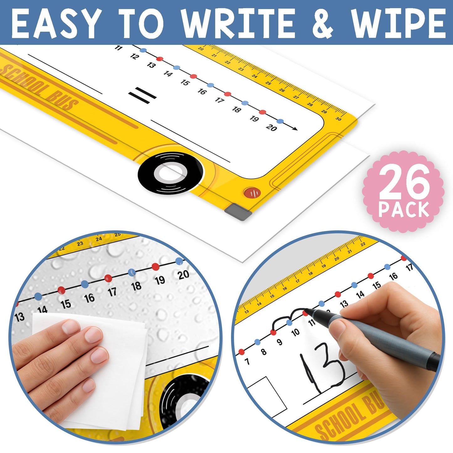 BrightenKidz 26-Pack School Bus Number Line Dry Erase Boards Cards, 14"x4", Double-Sided, 0-10 on One Side & 0-20 on Other Side, Math Manipulatives for Student, Education Classroom Must Haves