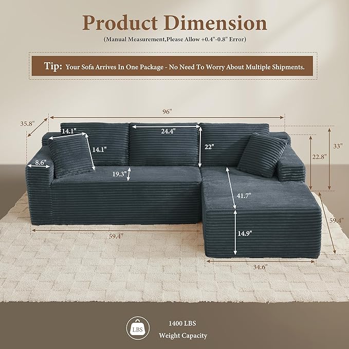 96" Sectional Couches for Living Room Cloud Couch Sofa