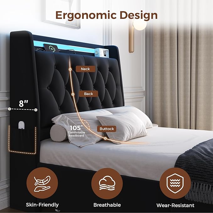Twin LED Velvet Bed Frame with 2 Storage Drawers&Hidden Headboard, Upholstered