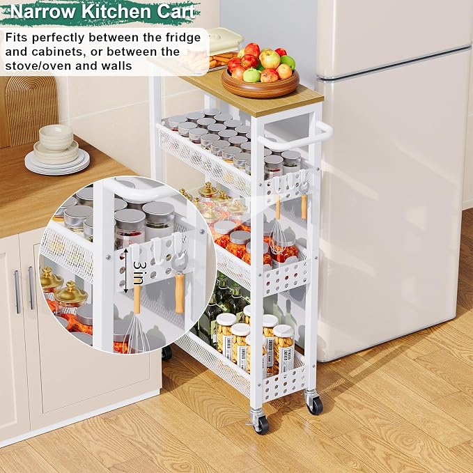 Slim Rolling Storage Cart, Laundry Room Organization and Storage Shelves for Between Washer and Dryer, Narrow Shelf Unit for Small Spaces, 4 Tier Thin Organizer Carts with Wheels for Bathroom, Kitchen