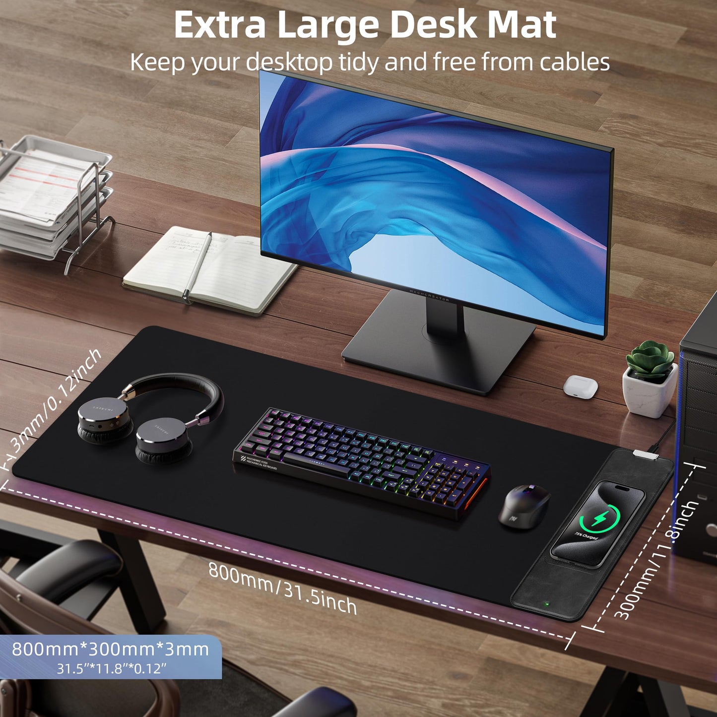Gaming Mouse Pad, Wireless Charging Mouse Pad Gaming, 31.5"x11.8" Large RGB Desk Mat for Laptop/Computer/Keyboard, 9 Light Modes, Waterproof Smooth Surface, Non-Slip Base, Black