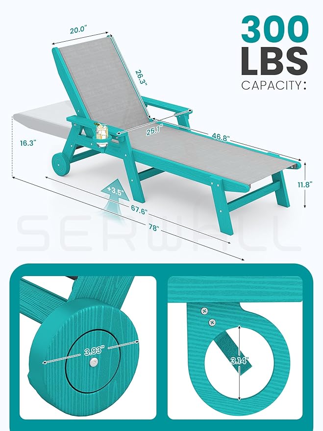 SERWALL Textilene Patio Chaise Lounge Chair, 5 Positions Adjustable Outdoor