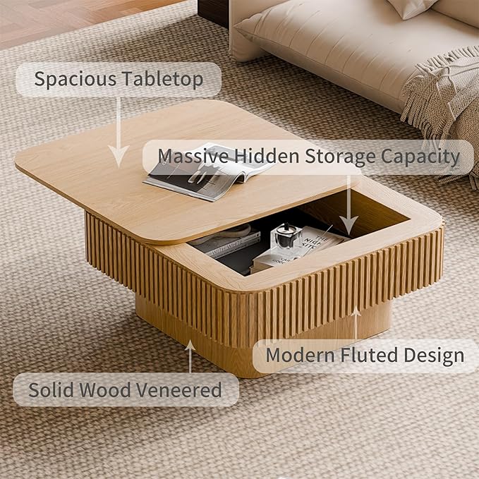 Square Coffee Table for Living Room, Fluted Drum Accent Tea Center Table