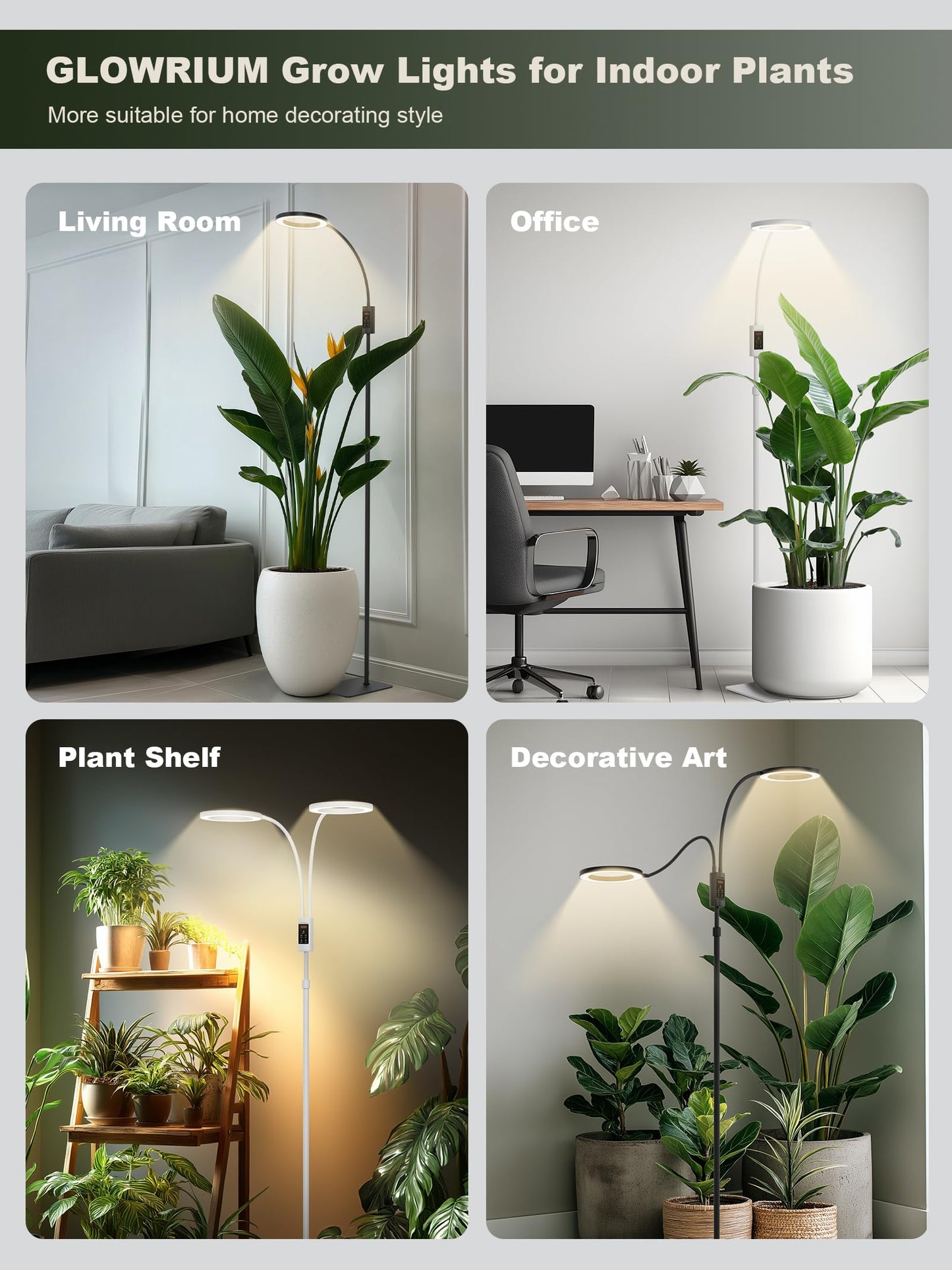 GLOWRIUM Smart Grow Lights for Indoor Plants, 24W Full Spectrum Plant Lights with Bluetooth App, Adjustable Height 47-70.9", Auto Timer, Indoor Plant Lamp for Large Tall Plants（Black 24W）