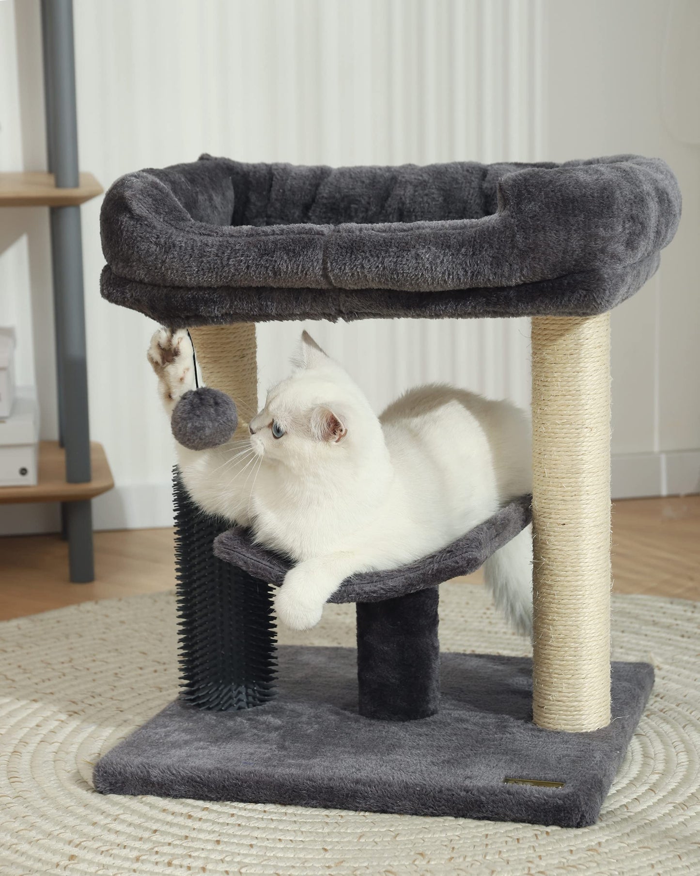 Hoopet 20-Inch Cat Tree Tower, Small Cat Scratching Post for Indoor Cats and Kittens, Sisal Cat Scratcher with Plush Bed Perch, Self Groomer and Hanging Toy Ball, Smoky Grey