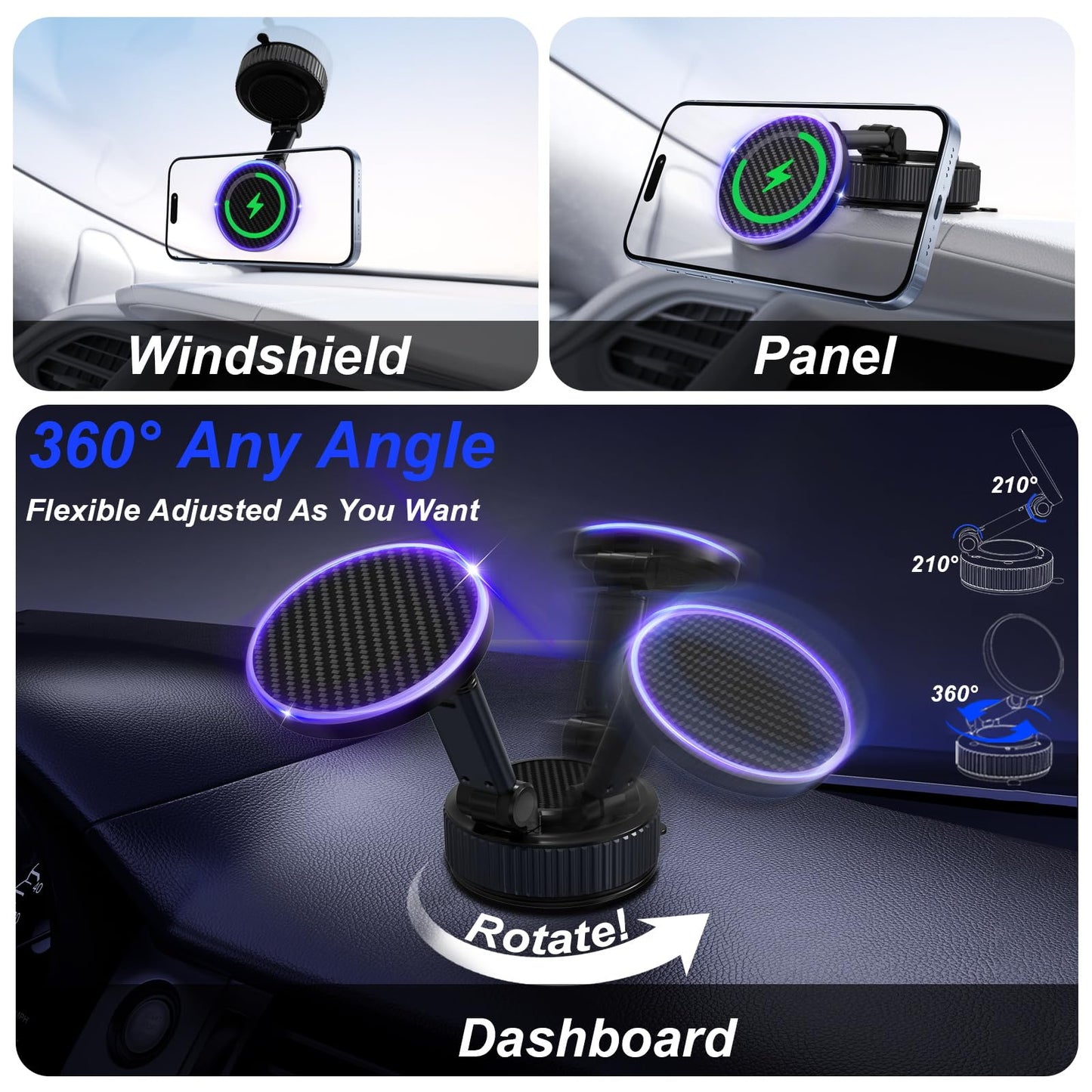 Magnetic Phone Charging Holder for Car - Upgraded 360° Vacuum Magnetic Phone Holder, Foldable Retractable Suction Cup Car Phone Mount for Magsafe for Your Car/Gym/Mirror Mount for iPhone & Android