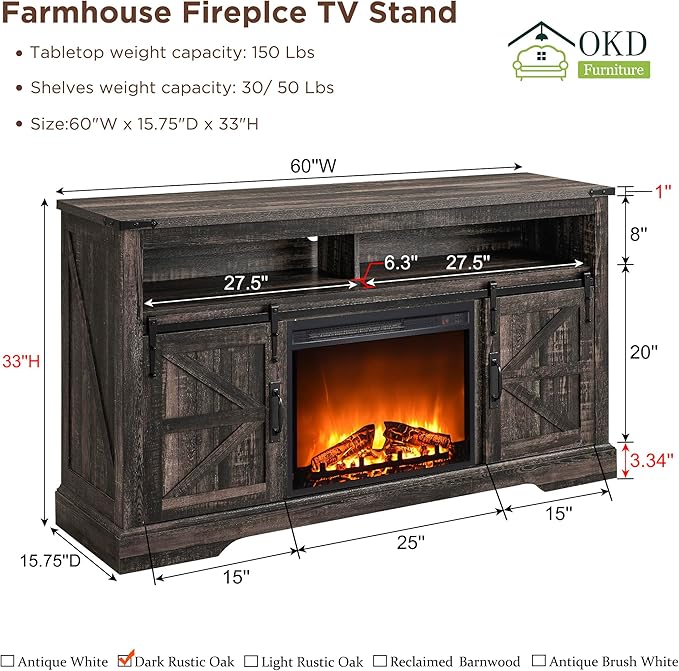 OKD Fireplace TV Stand for 65+ Inch TV, Rustic Media Console w/Sliding Barn