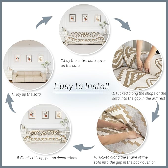 MYSKY HOME Boho Couch Cover for Dogs Washable Khaki Rhombic Couch Sofa