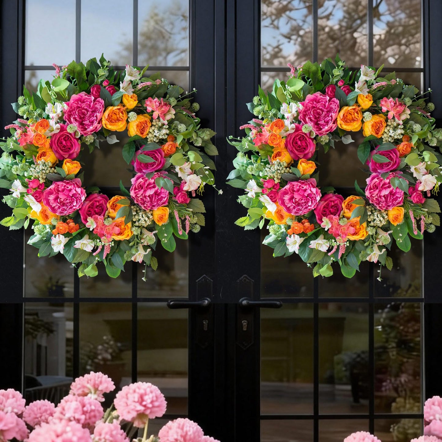 CHvista 24 Inch Spring Wreaths for Front Door Outside,Handcrafted Garden Rose & Peony Style Summer Wreath with Pink,Orange Ivory Flowers- Lush Spring Door Wreath for Farmhouse Home Wall Porch Window