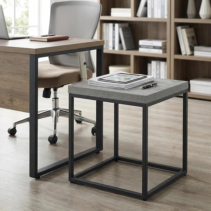 CENSI Modern Grey Square End Table, Extra Thick 1.6" Wood Top & Metal Frame
