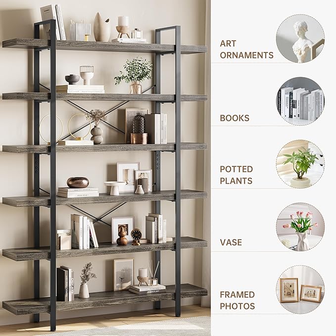 Heavy Duty 6-Tier Industrial Bookcase, 120lbs Shelf Capacity, Rustic Open
