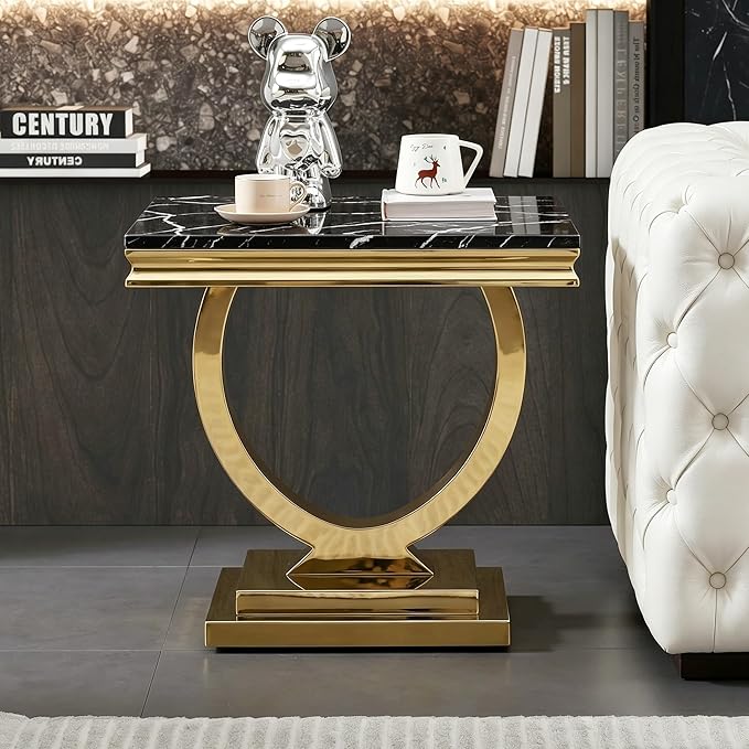 Henf Marble End Table Modern Black Faux Marble Sofa Side Table