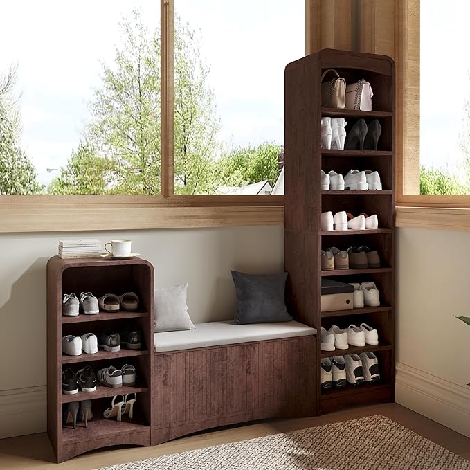 Shoe Cabinet with Bench, L-Shaped Shoe Storage Cabinet, Wood Tall Shoe Rack