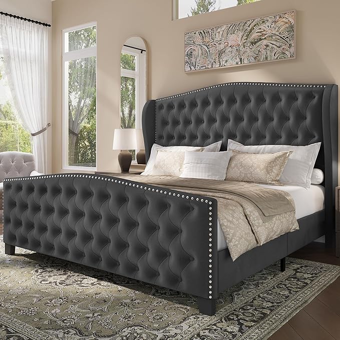 BRELTAM Upholstered King Size Bed Frame Velvet Tufted Bed Frame