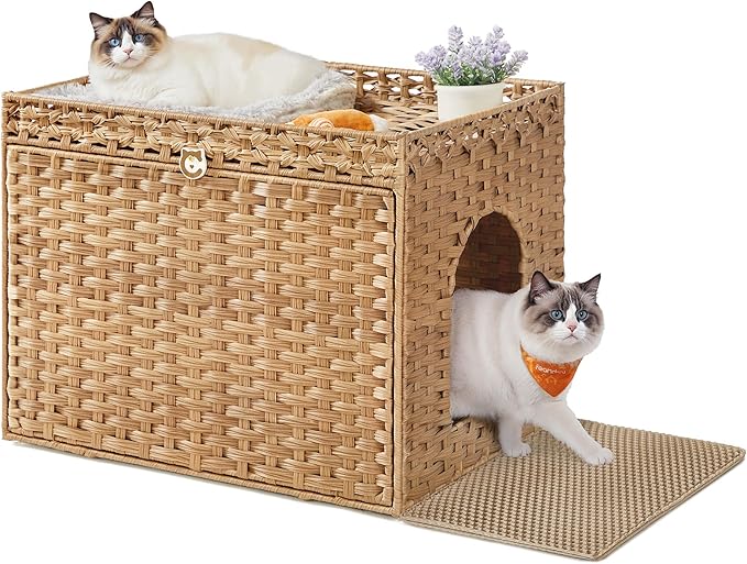 Feandrea Cat Litter Box Enclosure, Handwoven Rattan Hidden Litter Box Furniture