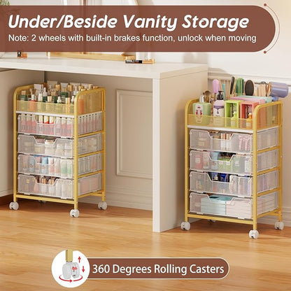 Hongtamoya Makeup Cart Organizer with 4 Drawers, Large Floor Skincare Organizers, Vanity Storage Organizer Cosmetics Display Cases for Skin Care Perfume Nail Polish, Gold