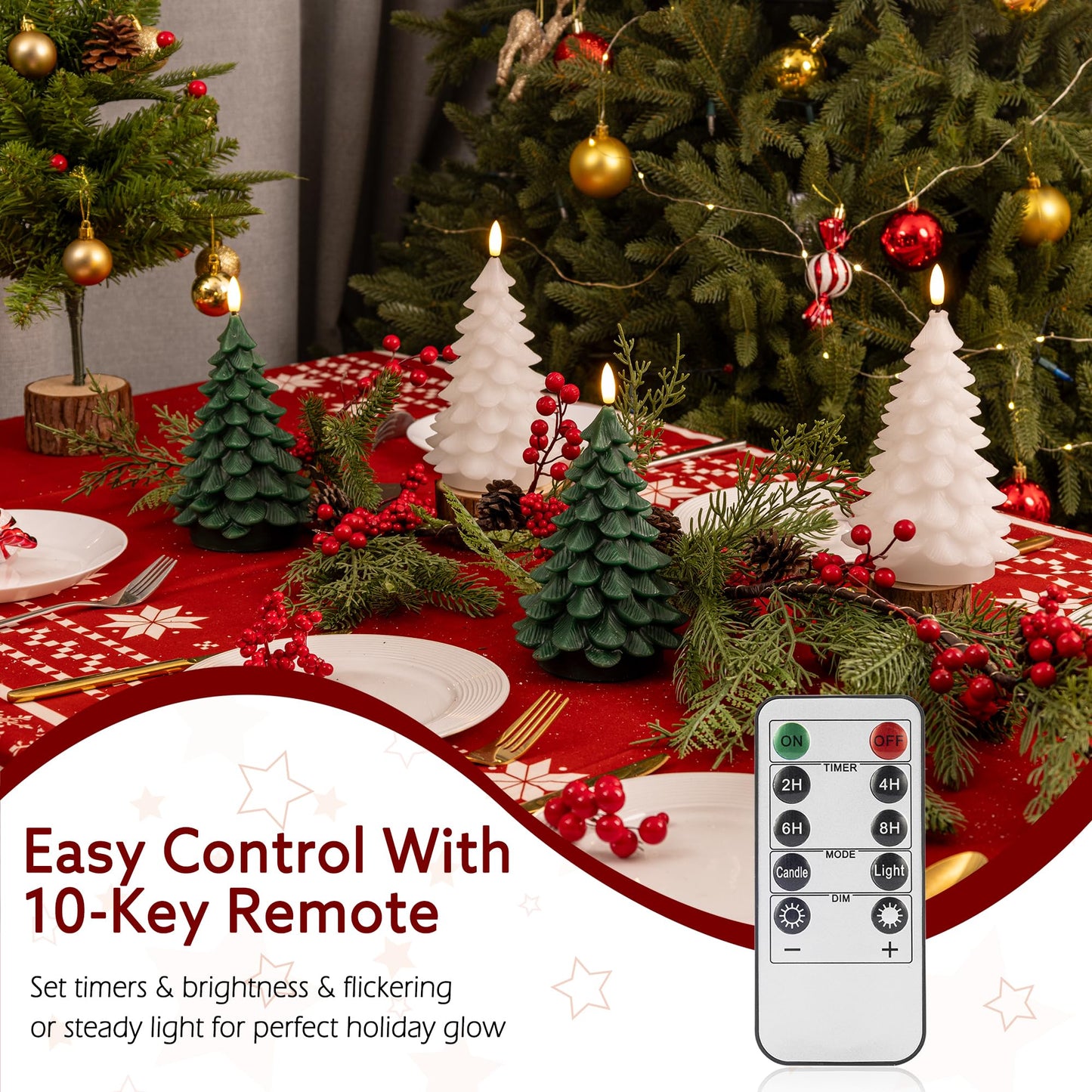 AFINETH Christmas Tree Candles with Remote, 2 Pack White Flameless Candles Battery Operated, Real Wax Flickering Christmas Led Candle Decorations for Winter Home Holiday Xmas Gift