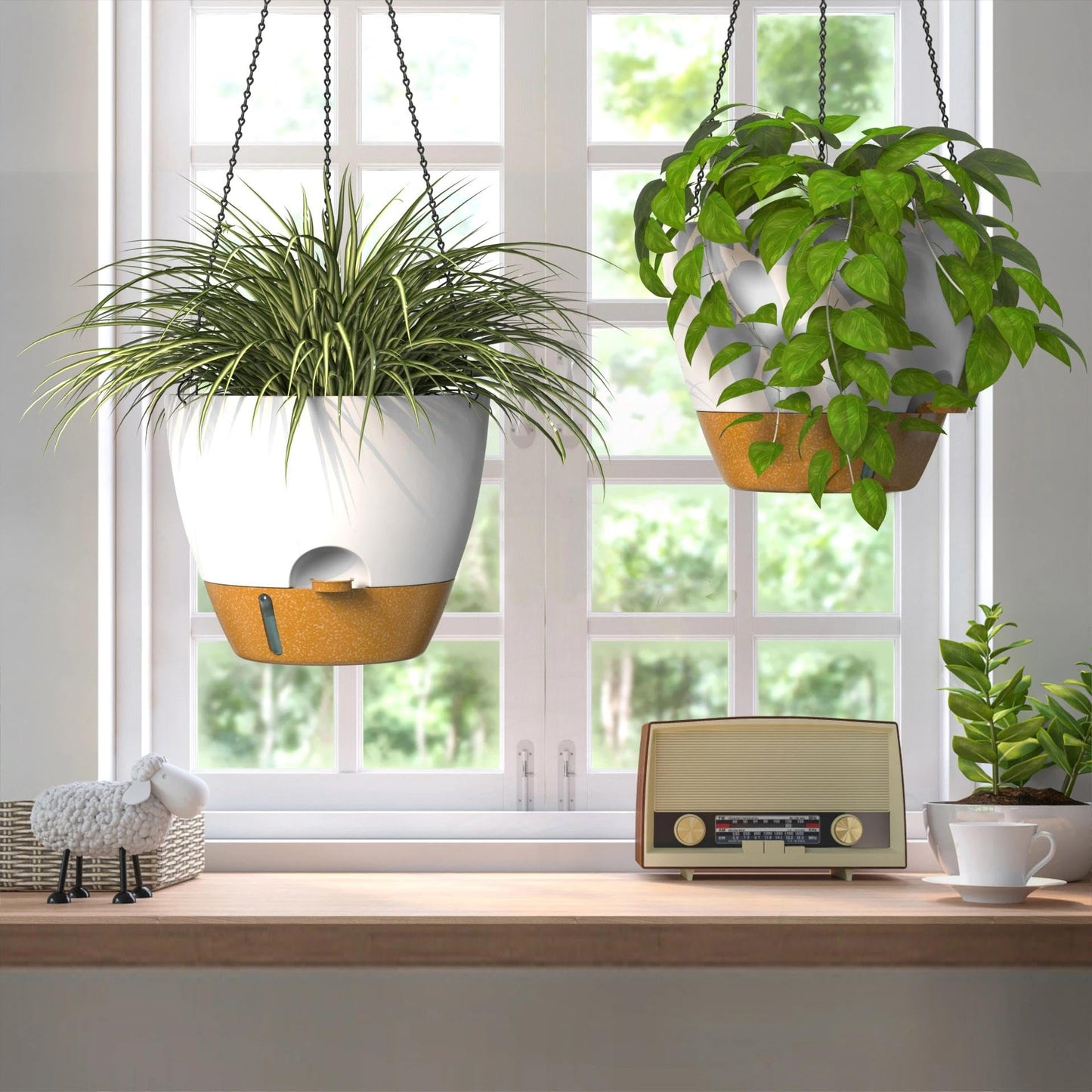 ZMTECH 12 Inch Large Self Watering Hanging Planters for Indoor Outdoor Plants - Water Level Indicator & Removable 60 Oz Reservoir, 1 Pack Plastic Hanging Basket for Window Porch Garden Balcony, White