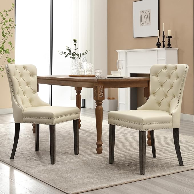 KCC Faux Leather Dining Chairs Set of 2, Upholstered High-end Tufted Dining