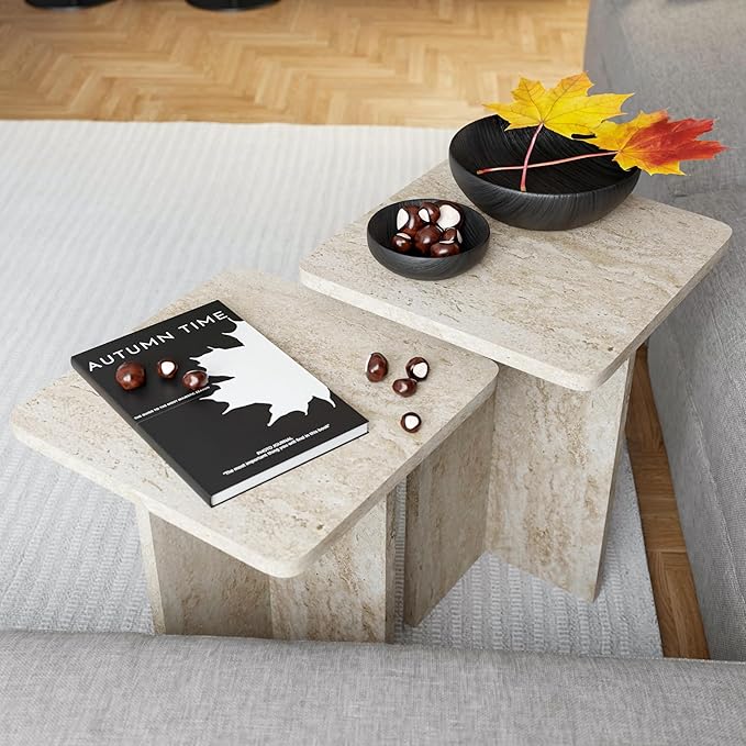 Travertine Efect Square Nesting Table Set of 2 Modern Coffee Table Small Side