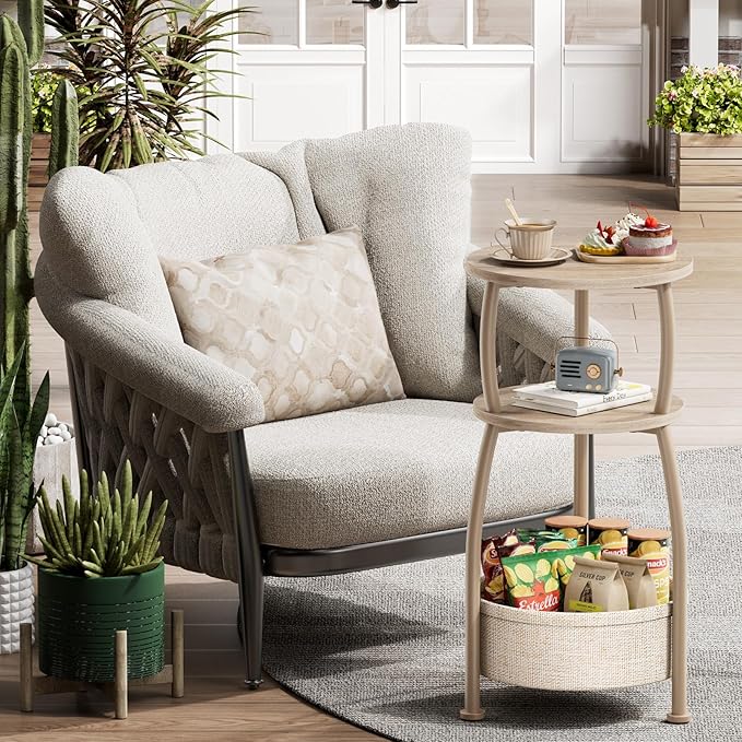 Small Side Table with Storage Basket, Space Saving Round End Table 3-Tier