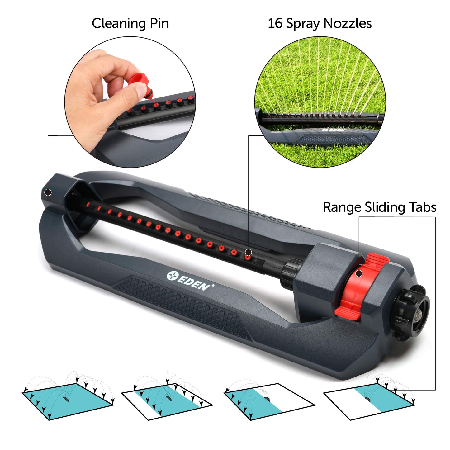Eden 96213 Essential Turbo Oscillating Water Sprinkler,Covers Up to 3,600 sq. ft.,16 Nozzles,Weighted Base,Adjustable Range,Quick Connect Bundle,Dark Grey,Red,Silver,(Pack of 12)